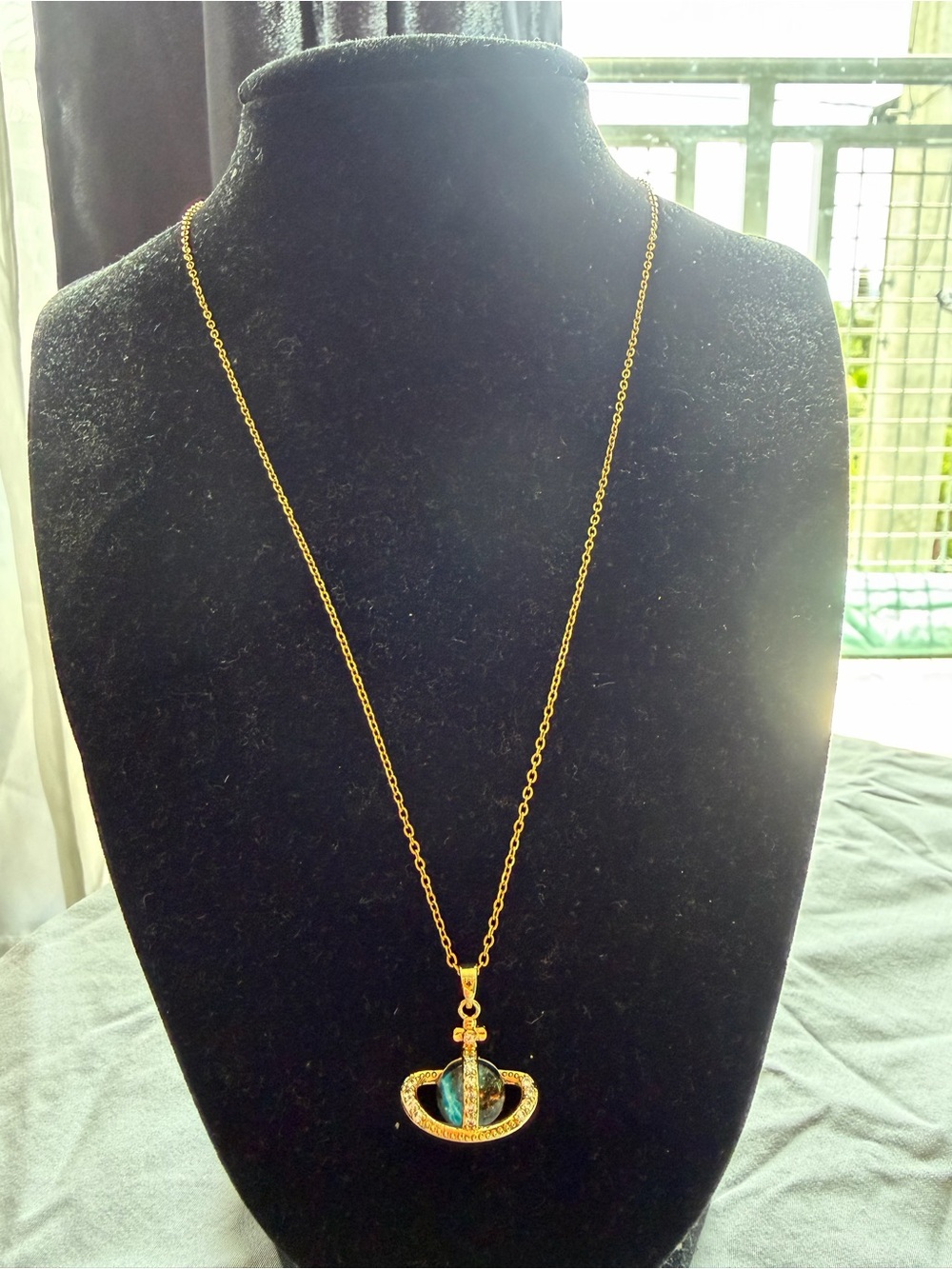 Gold-Tone Pendant Necklace with Blue Green Stone